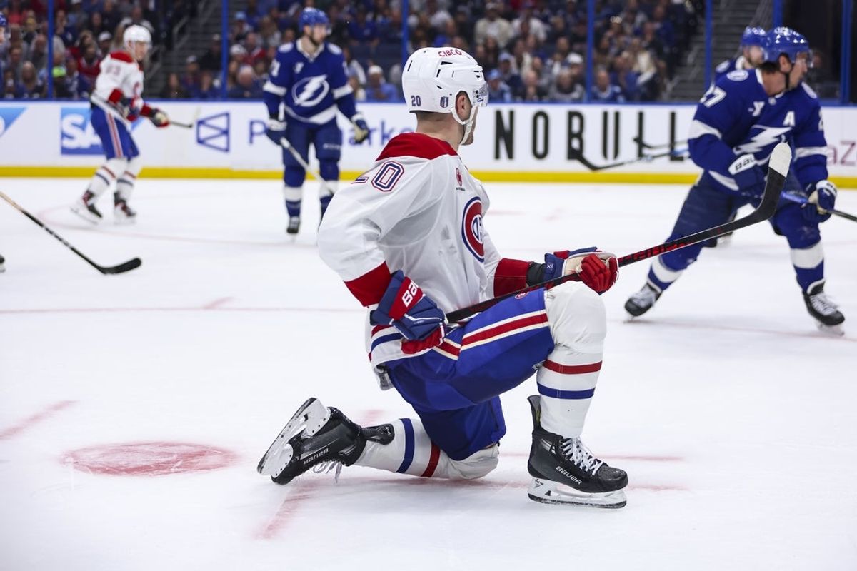 Apr 19, 2026; Tampa, Florida, USA; Montreal Canadiens forward Juraj Slafkovsky (20) scores a goal against the Tampa Bay Lightning during the second period in game one of the first round of the 2026 Stanley Cup Playoffs at Benchmark International Arena. Mandatory Credit: Morgan Tencza-Imagn Images