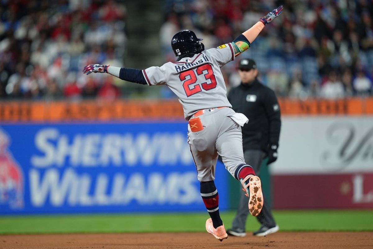 Apr 19, 2026; Philadelphia, Pennsylvania, USA; Atlanta Braves outfielder Michael Harris II (23) rounds the bases after hitting a home run against the Philadelphia Phillies in the third inning at Citizens Bank Park. Mandatory Credit: Kyle Ross-Imagn Images