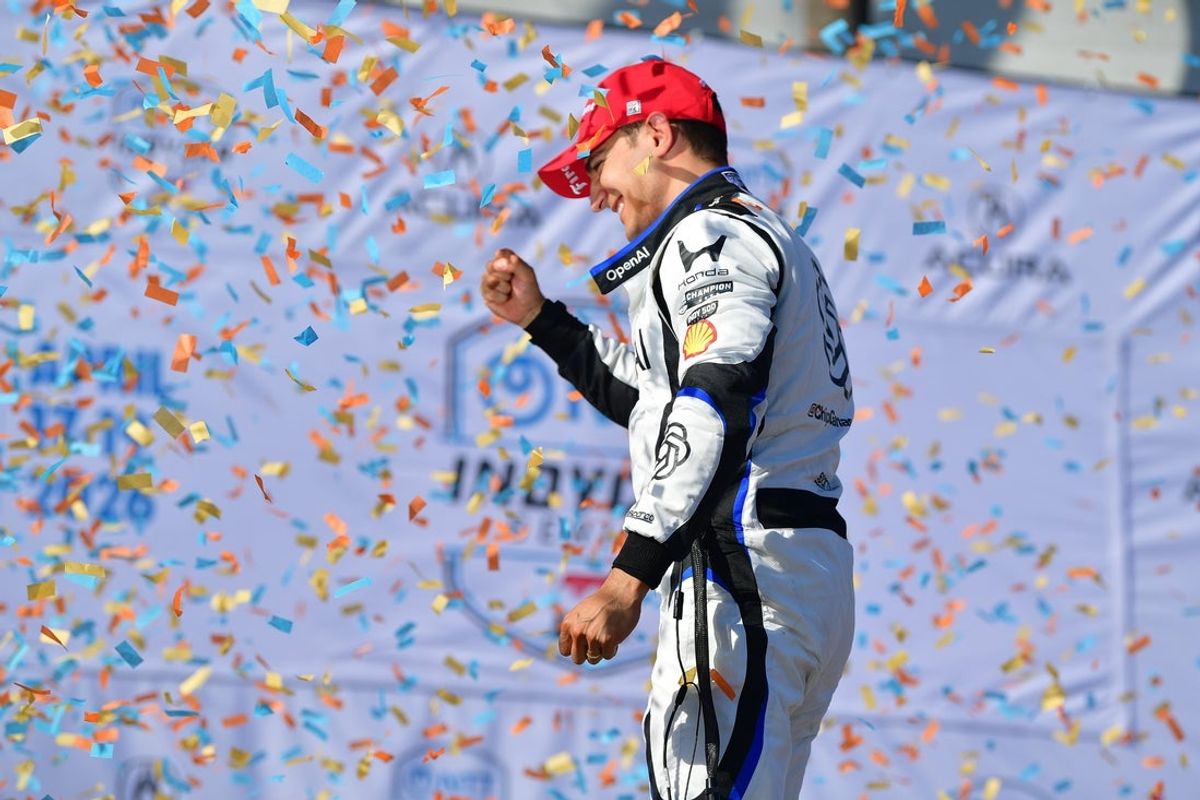 Apr 19, 2026; Long Beach, California, USA; Chip Ganassi Racing driver Alex Palou (10) celebrates his victory of the Long Beach Grand Prix at Long Beach Street Circuit. Mandatory Credit: Gary A. Vasquez-Imagn Images