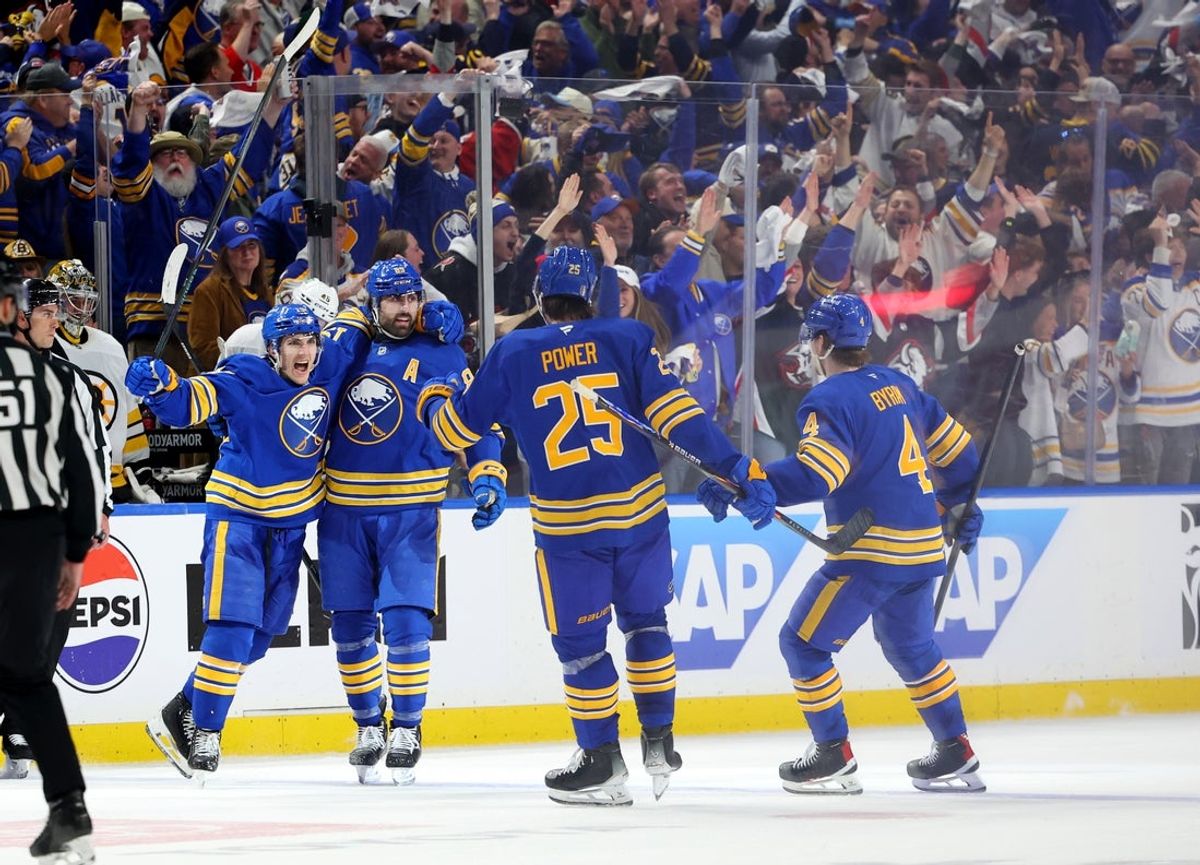 Apr 19, 2026; Buffalo, New York, USA; Buffalo Sabres right wing Alex Tuch (89) celebrates his goal with teammates during the third period against the Boston Bruins in game one of the first round of the 2026 Stanley Cup Playoffs at KeyBank Center. Mandatory Credit: Timothy T. Ludwig-Imagn Images