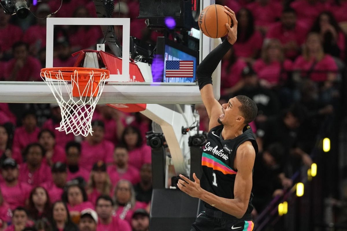 Apr 19, 2026; San Antonio, Texas, USA; San Antonio Spurs forward Victor Wembanyama (1) goes up to dunk during the second half of game one of the first round of the 2026 NBA Playoffs against the Portland Trail Blazers at Frost Bank Center. Mandatory Credit: Scott Wachter-Imagn Images
