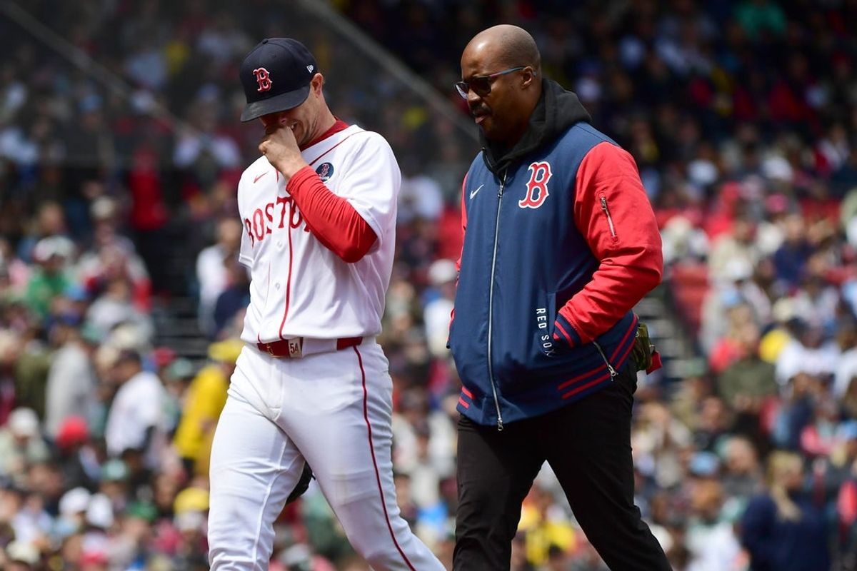 Apr 20, 2026; Boston, Massachusetts, USA;  Boston Red Sox pitcher Sonny Gray (54) walks to the dugout after being relieved during the fourth inning after an apparent injury against the Detroit Tigers at Fenway Park. Mandatory Credit: Bob DeChiara-Imagn Images
