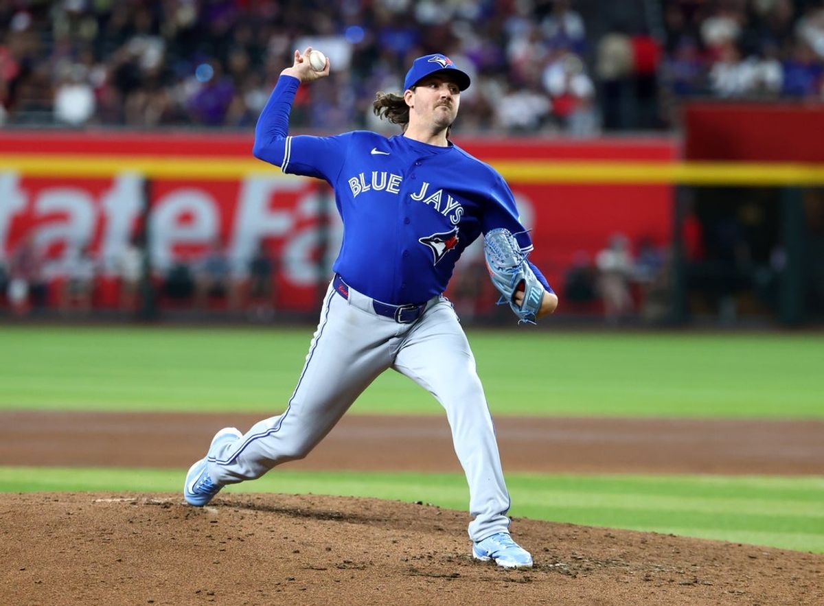 Apr 19, 2026; Phoenix, Arizona, USA; Toronto Blue Jays pitcher Kevin Gausman against the Arizona Diamondbacks at Chase Field. Mandatory Credit: Mark J. Rebilas-Imagn Images