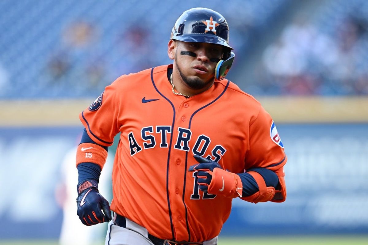 Apr 20, 2026; Cleveland, Ohio, USA; Houston Astros third baseman Isaac Paredes (15) rounds the bases after hitting a home run during the fourth inning against the Cleveland Guardians at Progressive Field. Mandatory Credit: Ken Blaze-Imagn Images