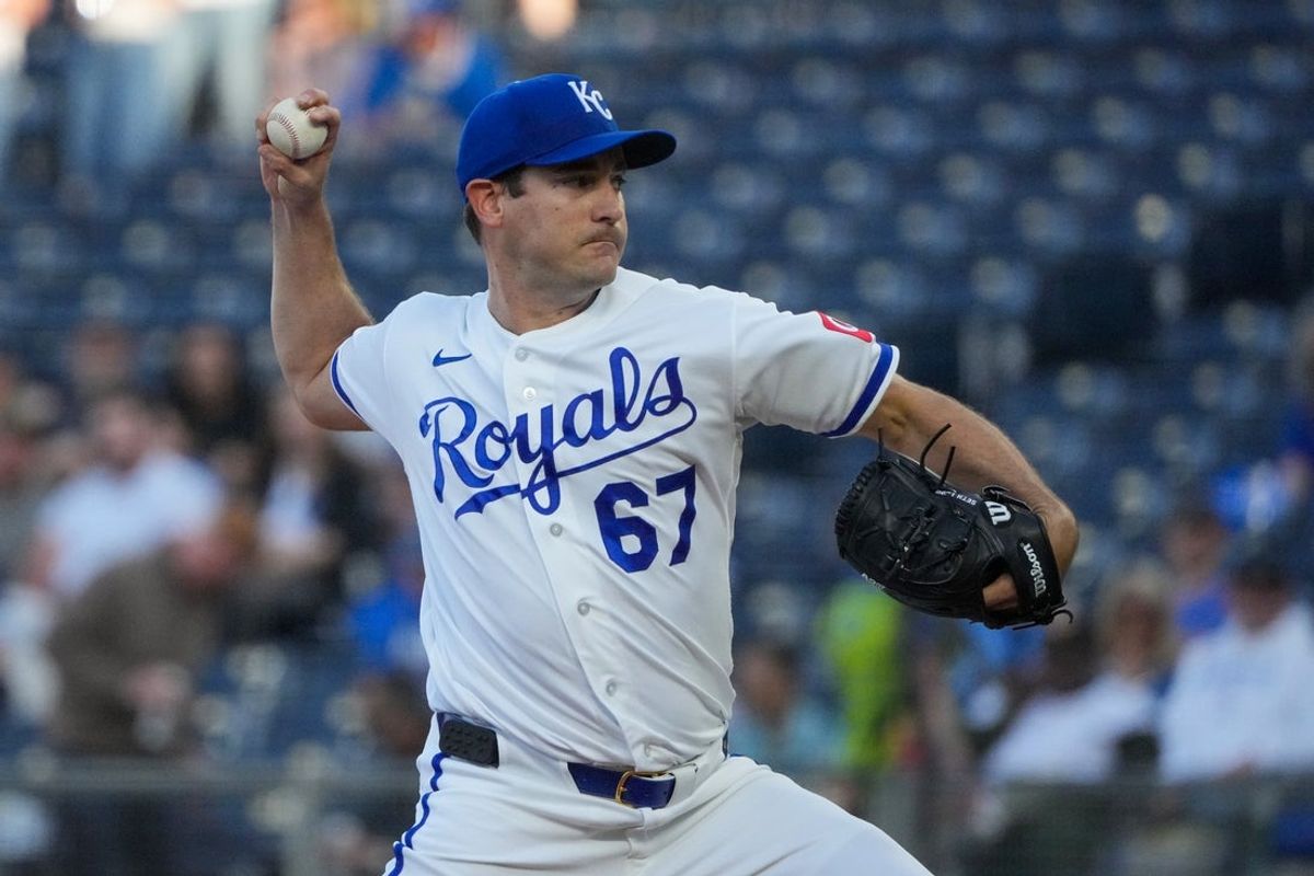 Apr 20, 2026; Kansas City, Missouri, USA; Kansas City Royals starting pitcher Seth Lugo (67) delivers a pitch against the Baltimore Orioles during the first inning at Kauffman Stadium. Mandatory Credit: Denny Medley-Imagn Images