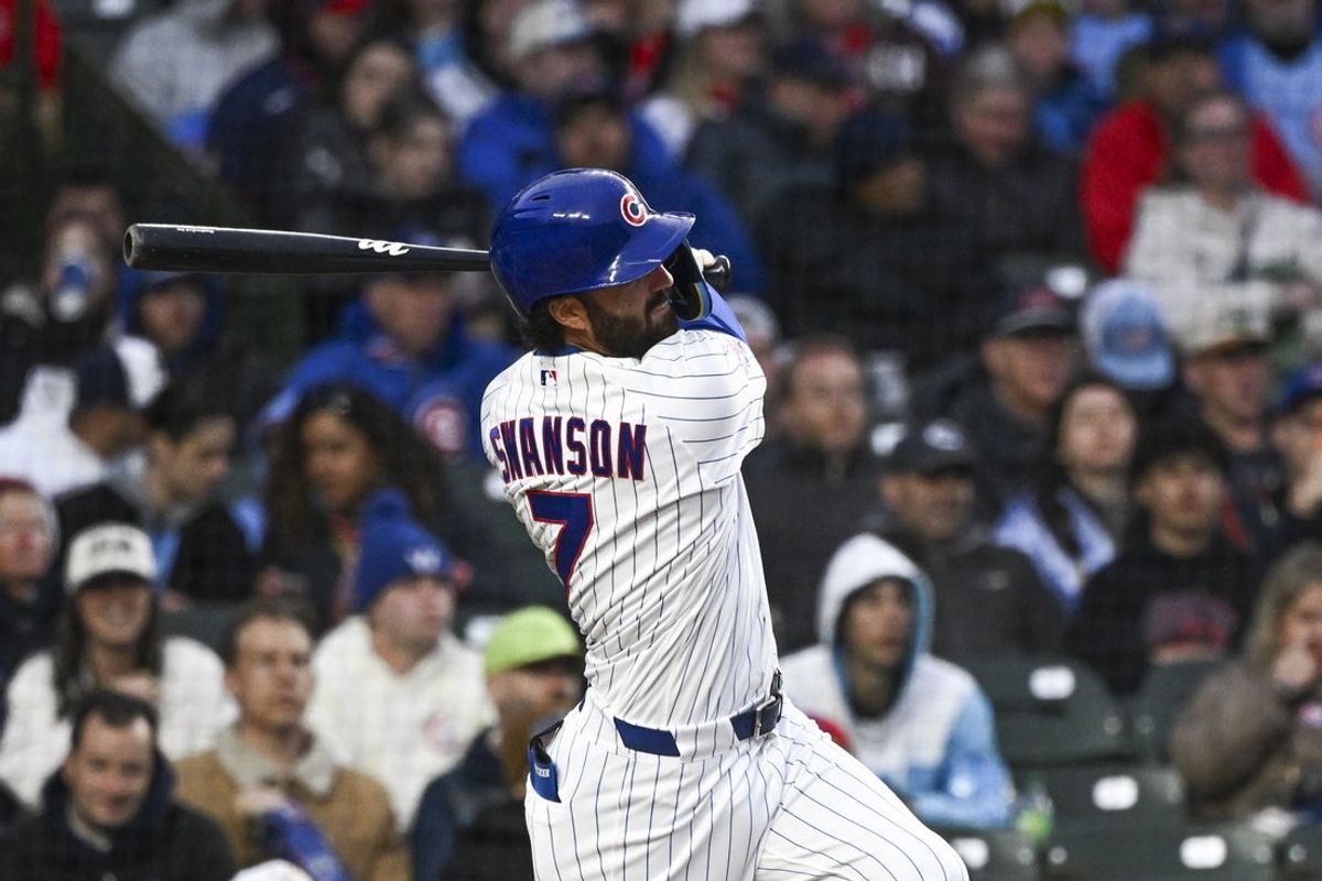Apr 20, 2026; Chicago, Illinois, USA;  Chicago Cubs shortstop Dansby Swanson (7) hits a three run home run against the Philadelphia Phillies during the second inning at Wrigley Field. Mandatory Credit: Matt Marton-Imagn Images