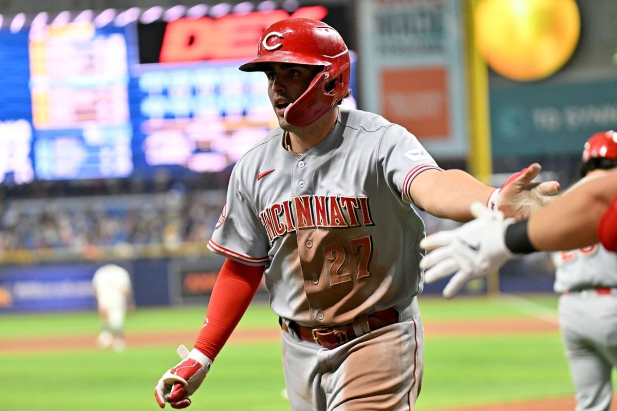 Apr 20, 2026; St. Petersburg, Florida, USA; Cincinnati Reds first baseman Sal Stewart (27) reacts after scoring a run in the seventh inning against the Tampa Bay Rays at Tropicana Field. Mandatory Credit: Jonathan Dyer-Imagn Images