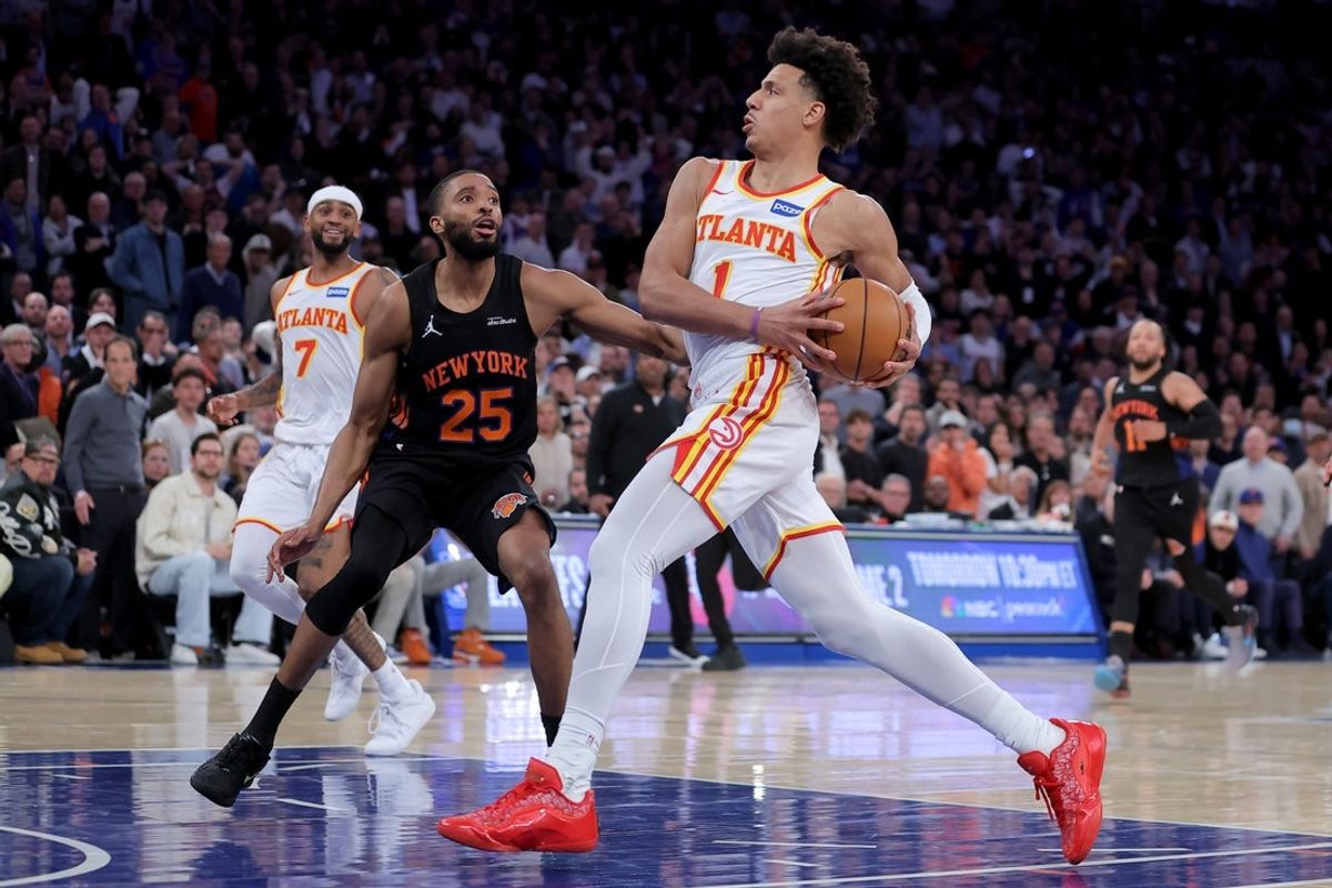 Apr 20, 2026; New York, New York, USA; Atlanta Hawks forward Jalen Johnson (1) drives to the basket against New York Knicks guard Mikal Bridges (25) during the fourth quarter of game two of the first round of the 2026 NBA Playoffs at Madison Square Garden. Mandatory Credit: Brad Penner-Imagn Images