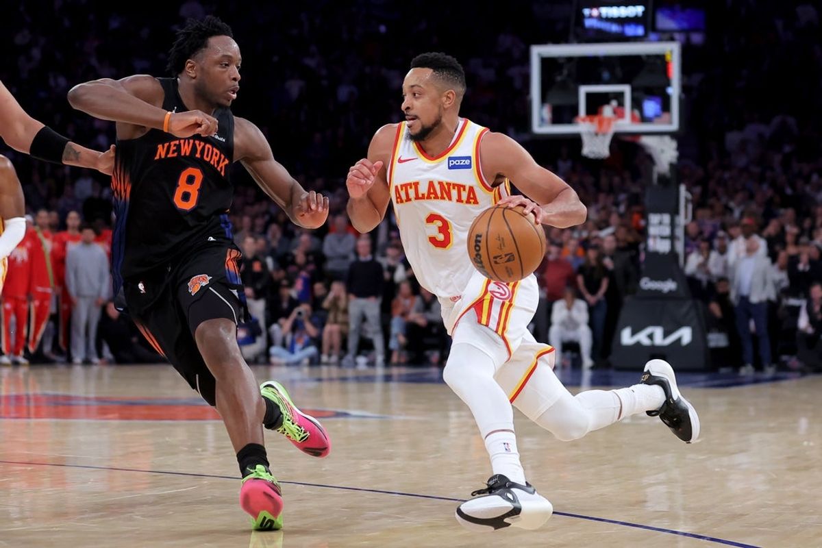 Apr 20, 2026; New York, New York, USA; Atlanta Hawks guard CJ McCollum (3) drives to the basket against New York Knicks forward OG Anunoby (8) during the fourth quarter of game two of the first round of the 2026 NBA Playoffs at Madison Square Garden. Mandatory Credit: Brad Penner-Imagn Images