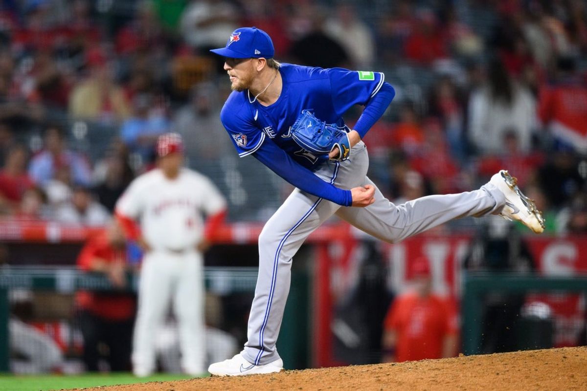 Apr 20, 2026; Anaheim, California, USA; Toronto Blue Jays pitcher Jeff Hoffman (23) delivers during the ninth inning against the Los Angeles Angels at Angel Stadium. Mandatory Credit: William Liang-Imagn Images