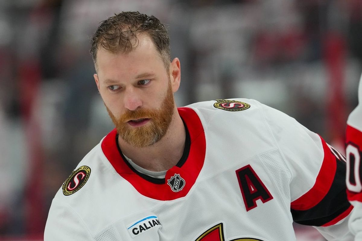 Apr 20, 2026; Raleigh, North Carolina, USA; Ottawa Senators right wing Claude Giroux (28) skates during the  warmups before the game against the Carolina Hurricanes  in game two of the first round of the 2026 Stanley Cup Playoffs at Lenovo Center. Mandatory Credit: James Guillory-Imagn Images