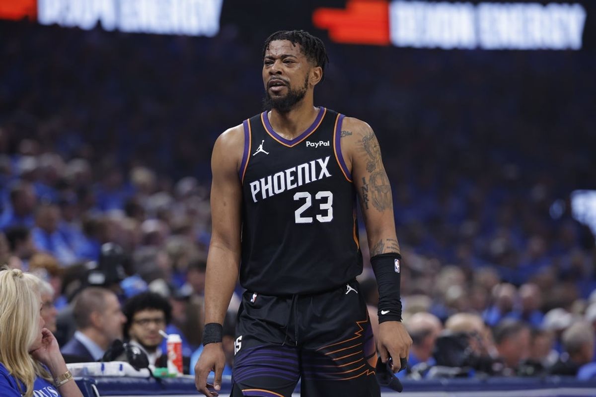 19 de abril de 2026; Cidade de Oklahoma, Oklahoma, EUA; O guarda do Phoenix Suns, Jordan Goodwin (23), no primeiro quarto durante o primeiro jogo da primeira rodada dos Playoffs da NBA de 2026 contra o Oklahoma City Thunder no Paycom Center. Crédito obrigatório: Alonzo Adams-Imagn Images