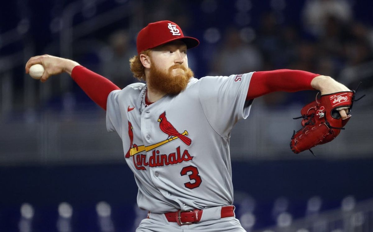 Apr 21, 2026; Miami, Florida, USA;  St. Louis Cardinals starting pitcher Dustin May (3) throws against the Miami  during the first inning at loanDepot Park. Mandatory Credit: Rhona Wise-Imagn Images