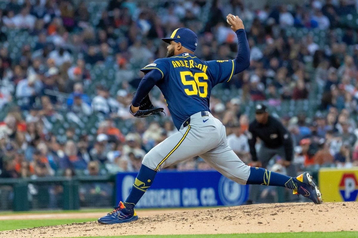 Apr 21, 2026; Detroit, Michigan, USA; Milwaukee Brewers pitcher Grant Anderson (56) throws during the fourth inning against the Detroit Tigers at Comerica Park. Mandatory Credit: David Reginek-Imagn Images