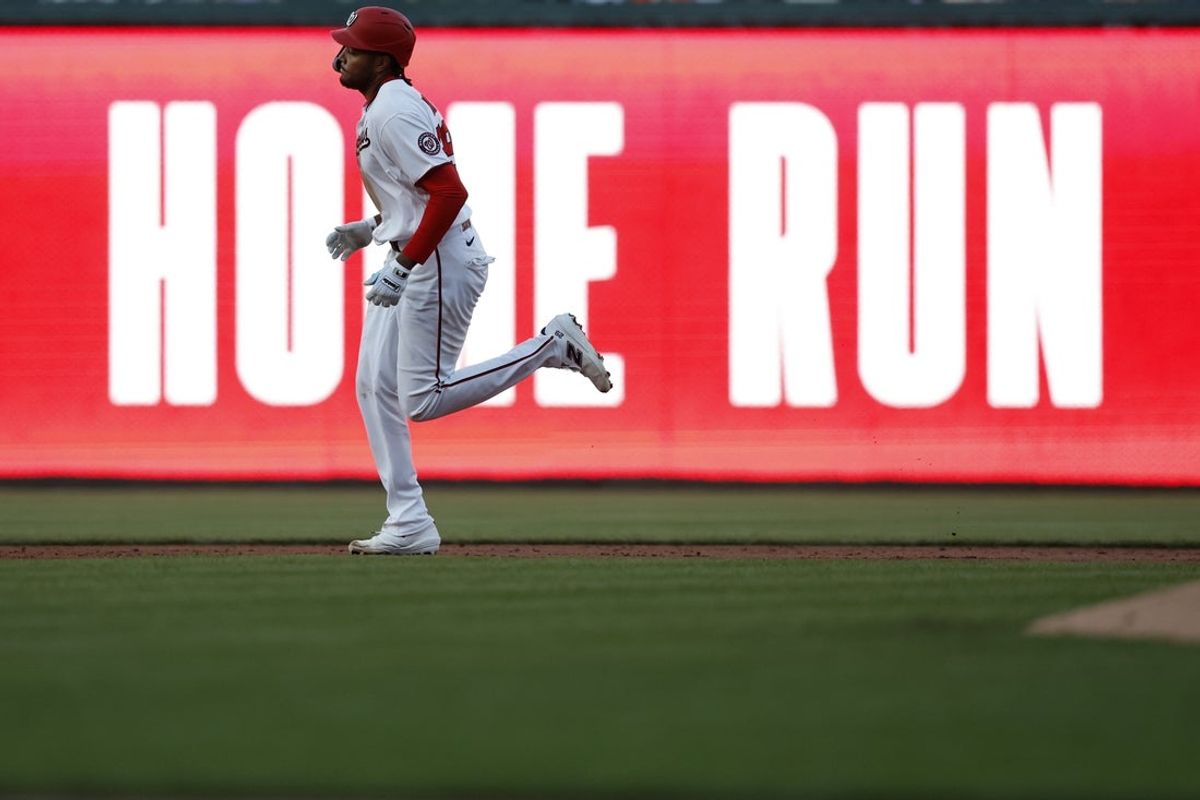 Apr 21, 2026; Washington, District of Columbia, USA; Washington Nationals left fielder James Wood (29) rounds the bases after hitting a solo home run against the Atlanta Braves during the second inning at Nationals Park. Mandatory Credit: Geoff Burke-Imagn Images