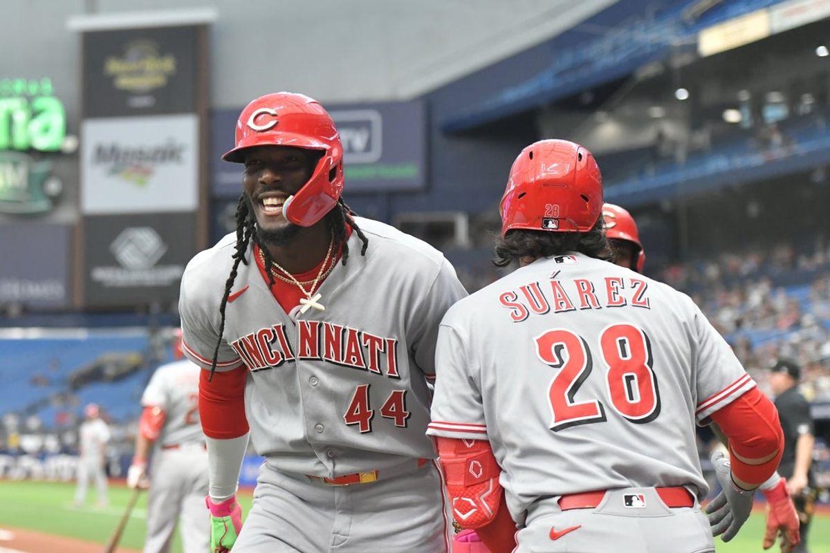 Apr 21, 2026; St. Petersburg, Florida, USA; Cincinnati Reds infielder Elly De La Cruz (44) celebrates after a home run against Tampa Bay Rays at Tropicana Field. Mandatory Credit: Pablo Robles-Imagn Images