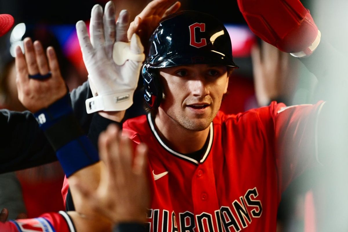 Apr 21, 2026; Cleveland, Ohio, USA; Cleveland Guardians designated hitter Chase DeLauter (24) celebrates after hitting a three-run triple during the eighth inning against the Houston Astros at Progressive Field. Mandatory Credit: Ken Blaze-Imagn Images