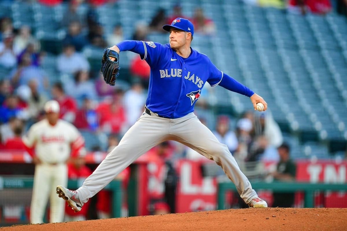 Apr 21, 2026; Anaheim, California, USA; Toronto Blue Jays pitcher Patrick Corbin (46) throws against the Los Angeles Angels during the second inning at Angel Stadium. Mandatory Credit: Gary A. Vasquez-Imagn Images