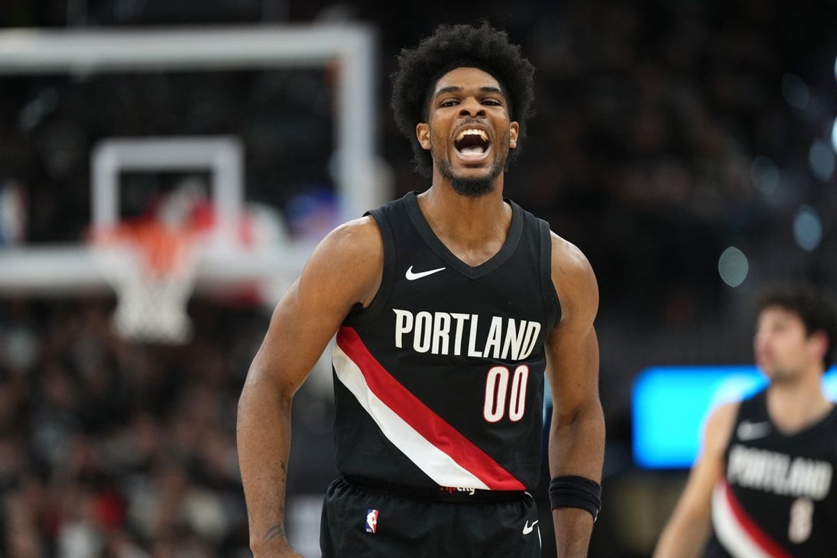 Apr 21, 2026; San Antonio, Texas, USA; Portland Trail Blazers guard Scoot Henderson (0) reacts after scoring a three point basket during the second half of game two of the first round of the 2026 NBA Playoffs against the San Antonio Spurs at Frost Bank Center. Mandatory Credit: Scott Wachter-Imagn Images