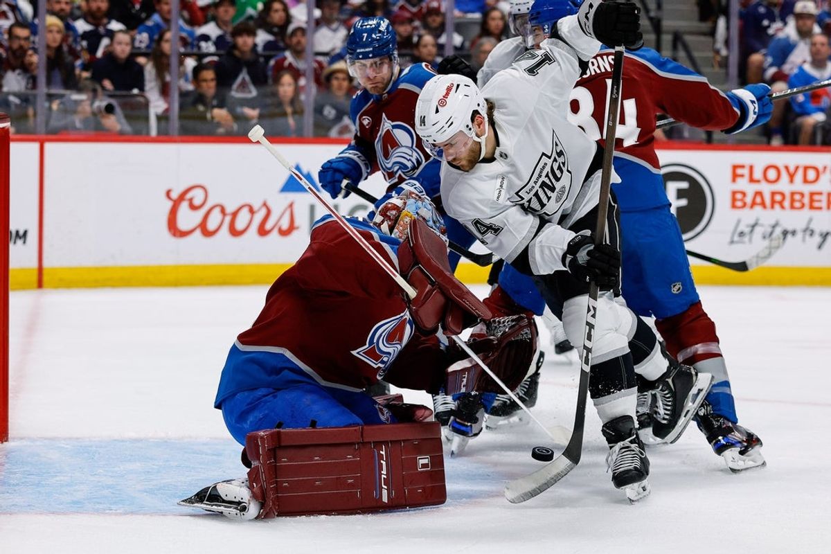 Apr 21, 2026; Denver, Colorado, USA; Colorado Avalanche goaltender Scott Wedgewood (41) makes a save against Los Angeles Kings right wing Alex Laferriere (14) in the first period in game two of the first round of the 2026 Stanley Cup Playoffs at Ball Arena. Mandatory Credit: Isaiah J. Downing-Imagn Images