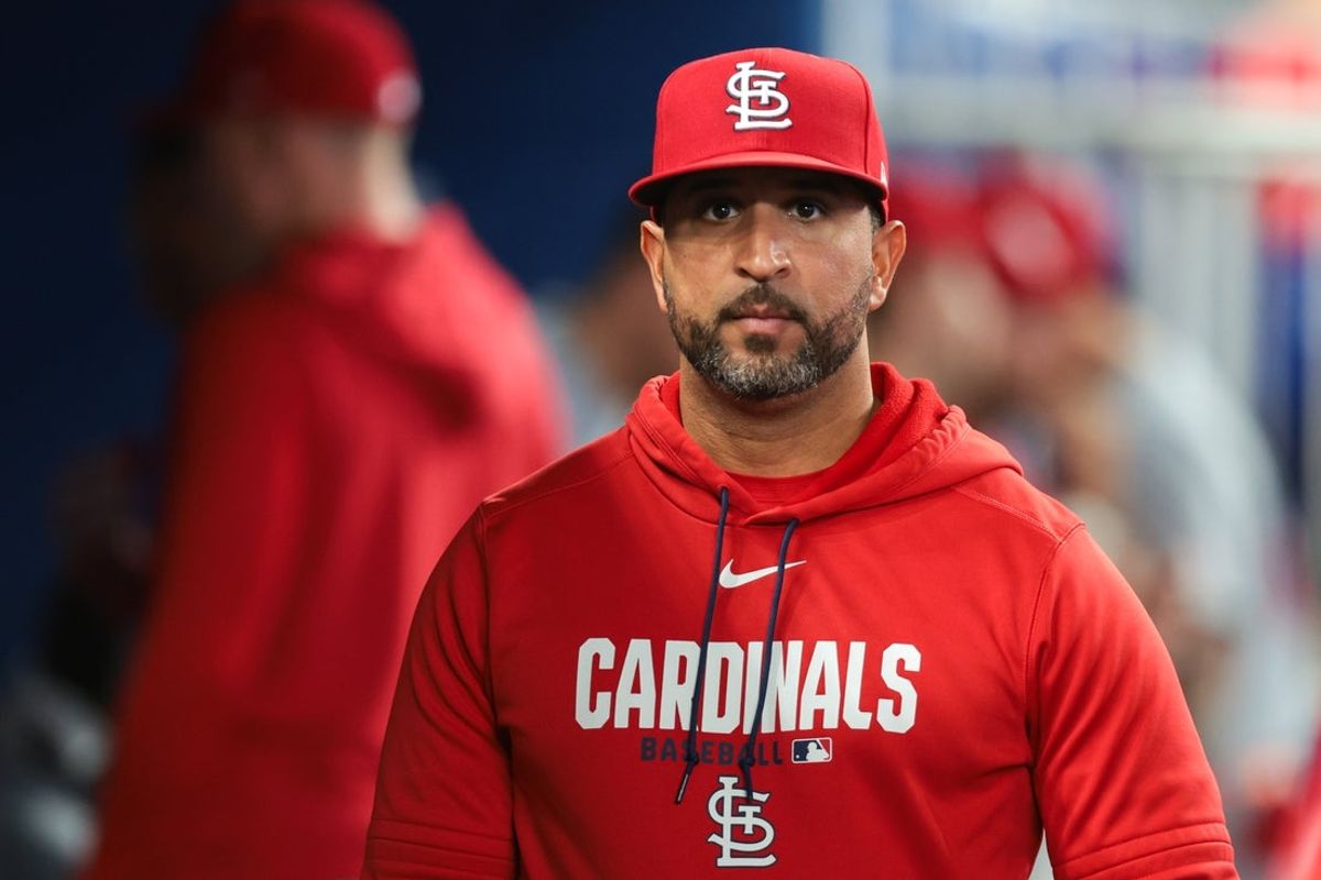 Apr 22, 2026; Miami, Florida, USA; St. Louis Cardinals manager Oliver Marmol (37) looks on against the Miami Marlins during the sixth inning at loanDepot Park. Mandatory Credit: Sam Navarro-Imagn Images