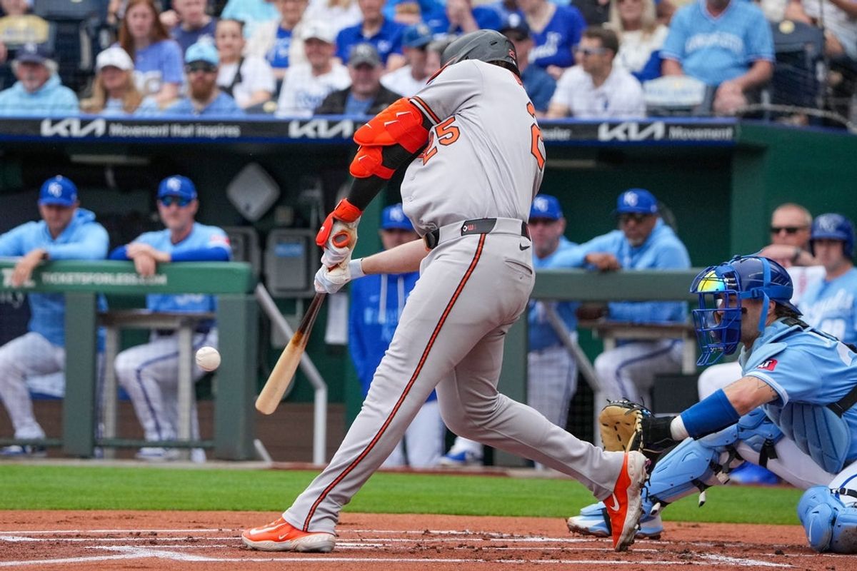 Apr 22, 2026; Kansas City, Missouri, USA; Baltimore Orioles first baseman Pete Alonso (25) hits a two run home run against against the Kansas City Royals during the first inning at Kauffman Stadium. Mandatory Credit: Denny Medley-Imagn Images