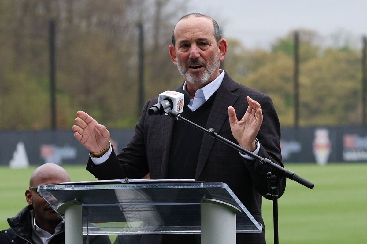 Apr 22, 2026; Morristown, New Jersey, USA; Commissioner of Major League Soccer, Don Garber, speaks onstage  during an event for the opening of the RWJBarnabas Health Red Bulls Performance Center. The complex has been selected as Brazil's training home for the 2026 FIFA World Cup. Mandatory Credit: Vincent Carchietta-Imagn Images
