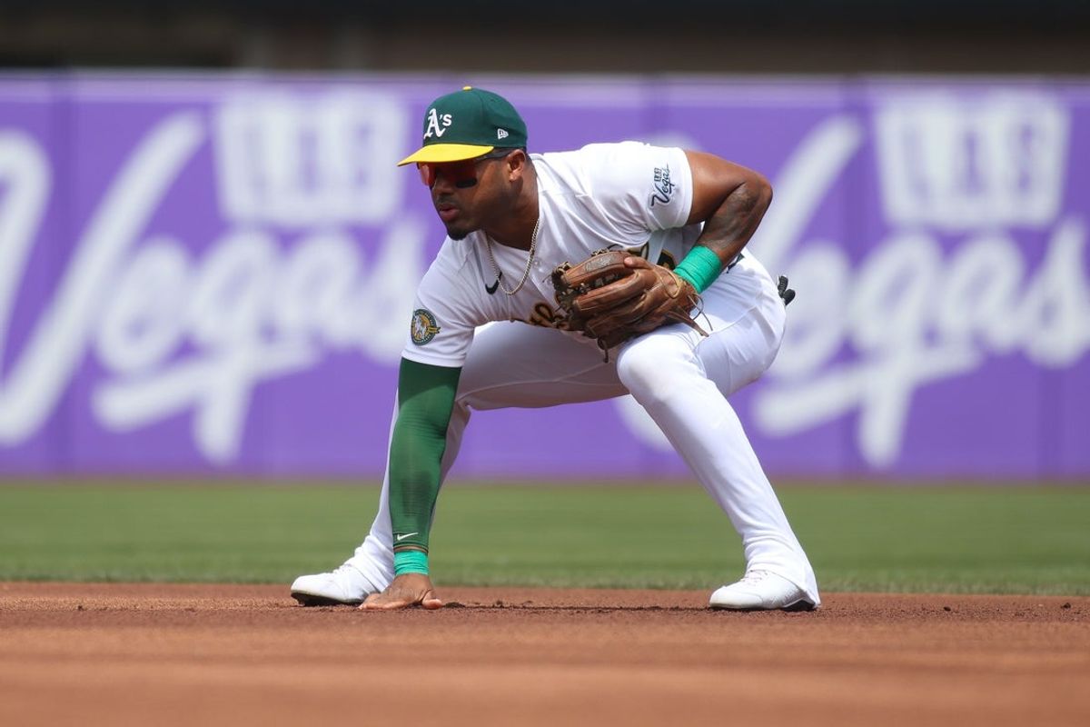 Apr 19, 2026; West Sacramento, California, USA; Athletics second baseman Andy Ibanez (77) waits for the pitch during the first inning against the Chicago White Sox at Sutter Health Park. Mandatory Credit: Scott Marshall-Imagn Images