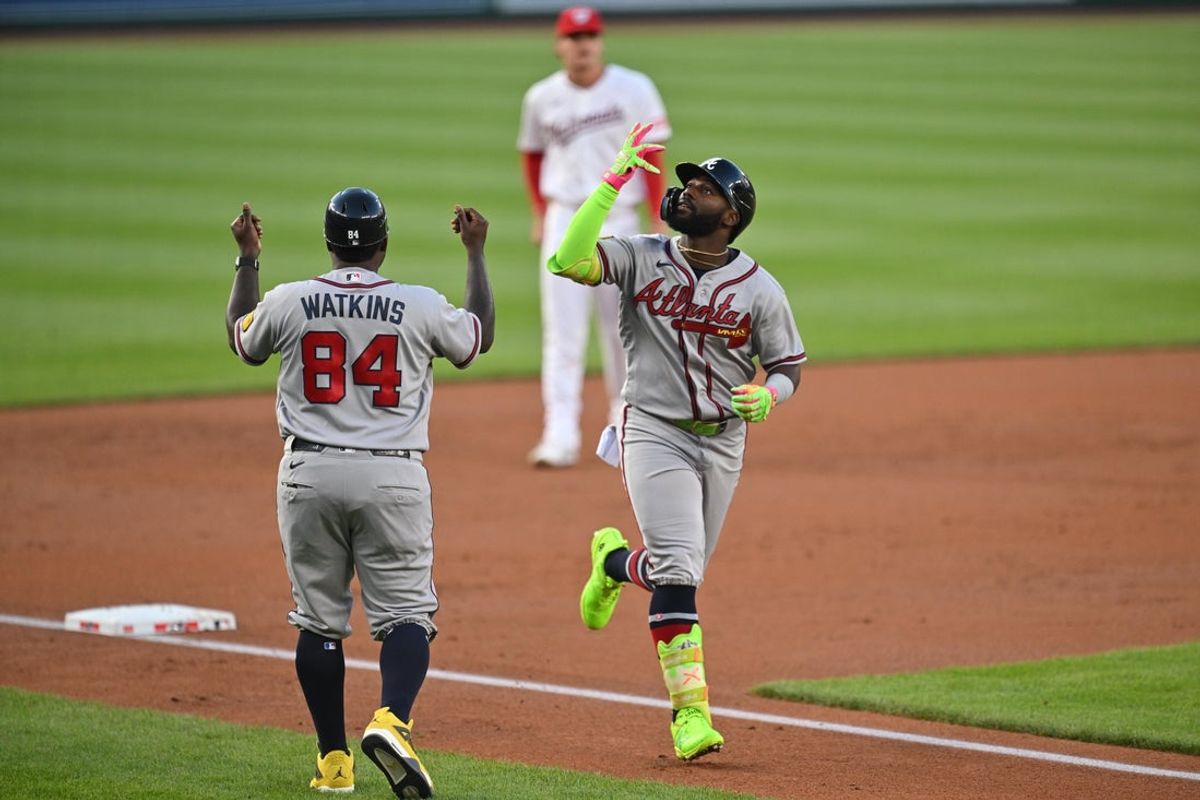 Apr 22, 2026; Washington, District of Columbia, USA;  Atlanta Braves outfielder Michael Harris II (23) celebrates as he rounds the bases after hitting a two-run home run in the second inning against the Washington Nationals at Nationals Park. Mandatory Credit: Jamie Sabau-Imagn Images