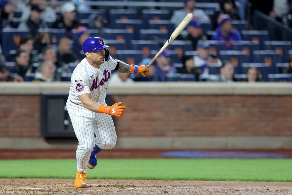 Apr 22, 2026; New York City, New York, USA; New York Mets catcher Francisco Alvarez (4) watches his RBI double against the Minnesota Twins during the fourth inning at Citi Field. Mandatory Credit: Brad Penner-Imagn Images