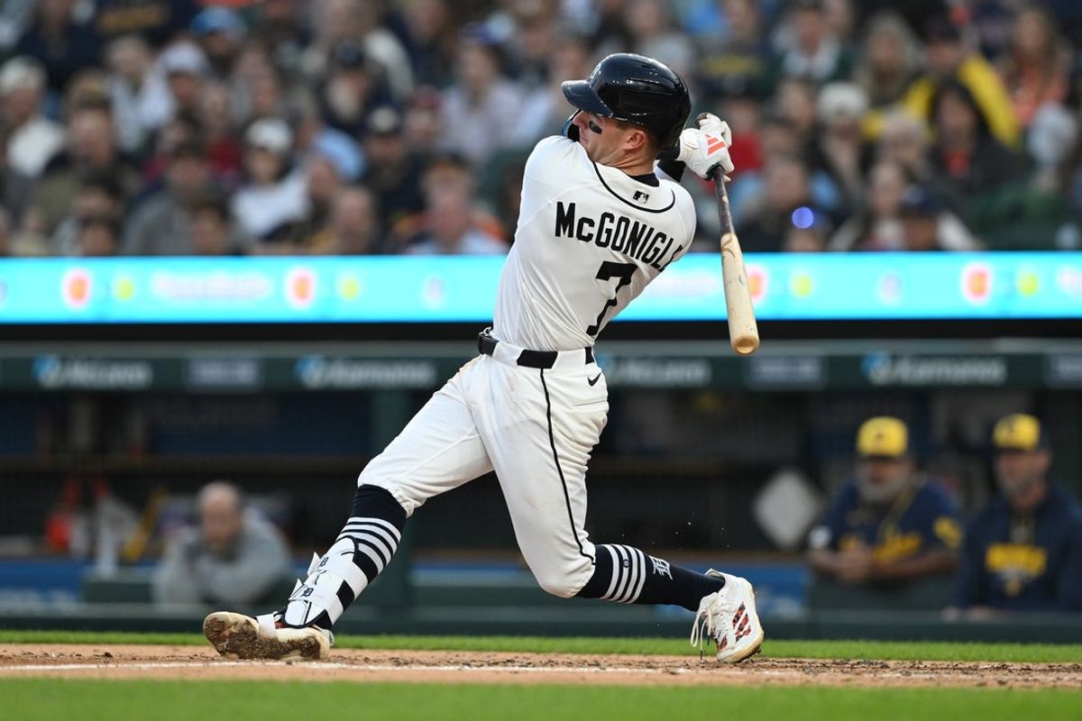 Apr 22, 2026; Detroit, Michigan, USA;  Detroit Tigers third baseman Kevin McGonigle (7) hits an RBI double against the Milwaukee Brewers in the fifth inning at Comerica Park. Mandatory Credit: Lon Horwedel-Imagn Images