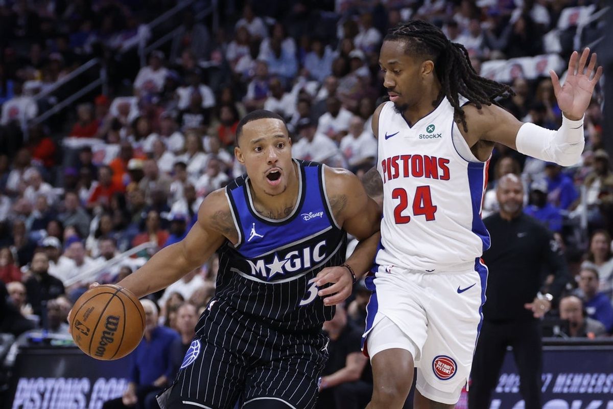 Apr 22, 2026; Detroit, Michigan, USA; Orlando Magic guard Desmond Bane (3) dribbles defended by Detroit Pistons guard Daniss Jenkins (24) in the first half during game two of the first round of the 2026 NBA Playoffs at Little Caesars Arena. Mandatory Credit: Rick Osentoski-Imagn Images