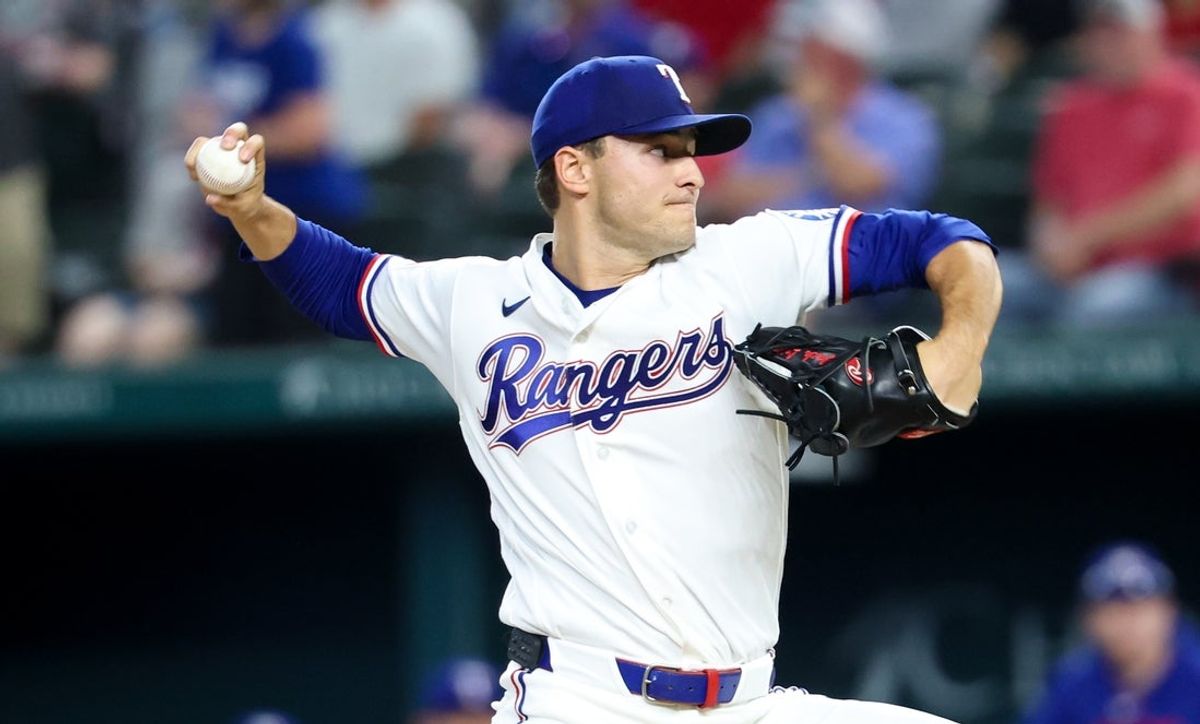 Apr 22, 2026; Arlington, Texas, USA;  Texas Rangers pitcher Jack Leiter (22) throws during the first inning against the Pittsburgh Pirates at Globe Life Field. Mandatory Credit: Kevin Jairaj-Imagn Images