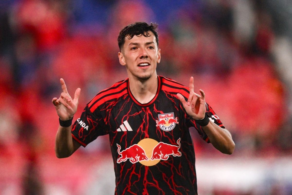 Apr 22, 2026; Harrison, New Jersey, USA; Red Bull New York forward Jorge Ruvalcaba (11) reacts after scoring a goal against D.C. United during the second half at Sports Illustrated Stadium. Mandatory Credit: John Jones-Imagn Images