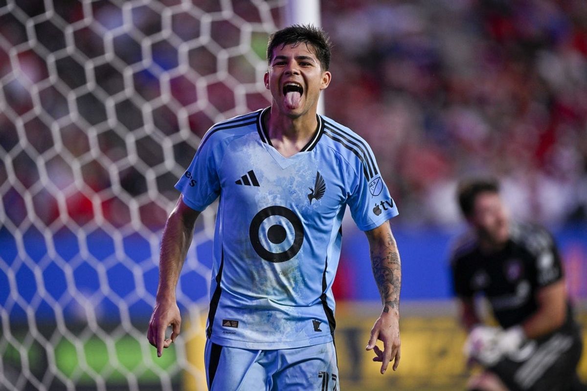 Apr 22, 2026; Frisco, Texas, USA; Minnesota United FC defender Anthony Markanich (13) celebrates after he scores a goal against FC Dallas goalkeeper Michael Collodi (30) during the first half at Toyota Stadium. Mandatory Credit: Jerome Miron-Imagn Images
