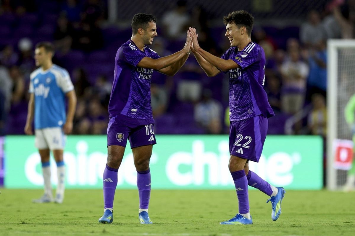 Apr 22, 2026; Orlando, Florida, USA; Orlando City SC forward Justin Ellis (22) reacts to a goal by Orlando City SC midfielder Martin Ojeda (10) against Charlotte FC in the second half at Inter&Co Stadium. Mandatory Credit: Nathan Ray Seebeck-Imagn Images