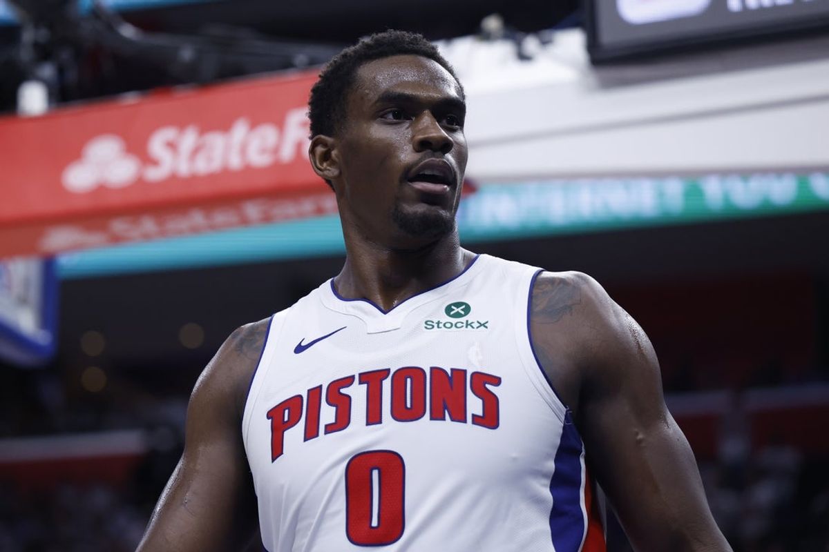 Apr 22, 2026; Detroit, Michigan, USA; Detroit Pistons center Jalen Duren (0) reacts during the second half against the Orlando Magic during game two of the first round of the 2026 NBA Playoffs at Little Caesars Arena. Mandatory Credit: Rick Osentoski-Imagn Images