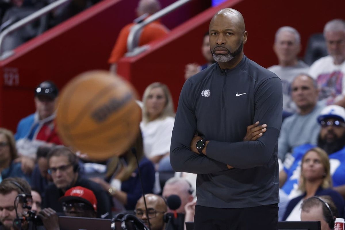 Apr 22, 2026; Detroit, Michigan, USA; Orlando Magic head coach Jamahl Mosley looks on in the second half against the Detroit Pistons during game two of the first round of the 2026 NBA Playoffs at Little Caesars Arena. Mandatory Credit: Rick Osentoski-Imagn Images
