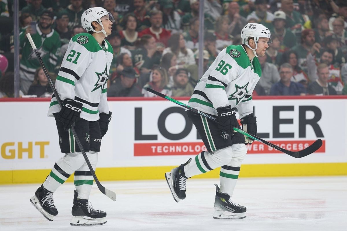 Apr 22, 2026; Saint Paul, Minnesota, USA; Dallas Stars right wing Mikko Rantanen (96) celebrates his goal against the Minnesota Wild during the first period in game three of the first round of the 2026 Stanley Cup Playoffs at Grand Casino Arena. Mandatory Credit: Matt Krohn-Imagn Images