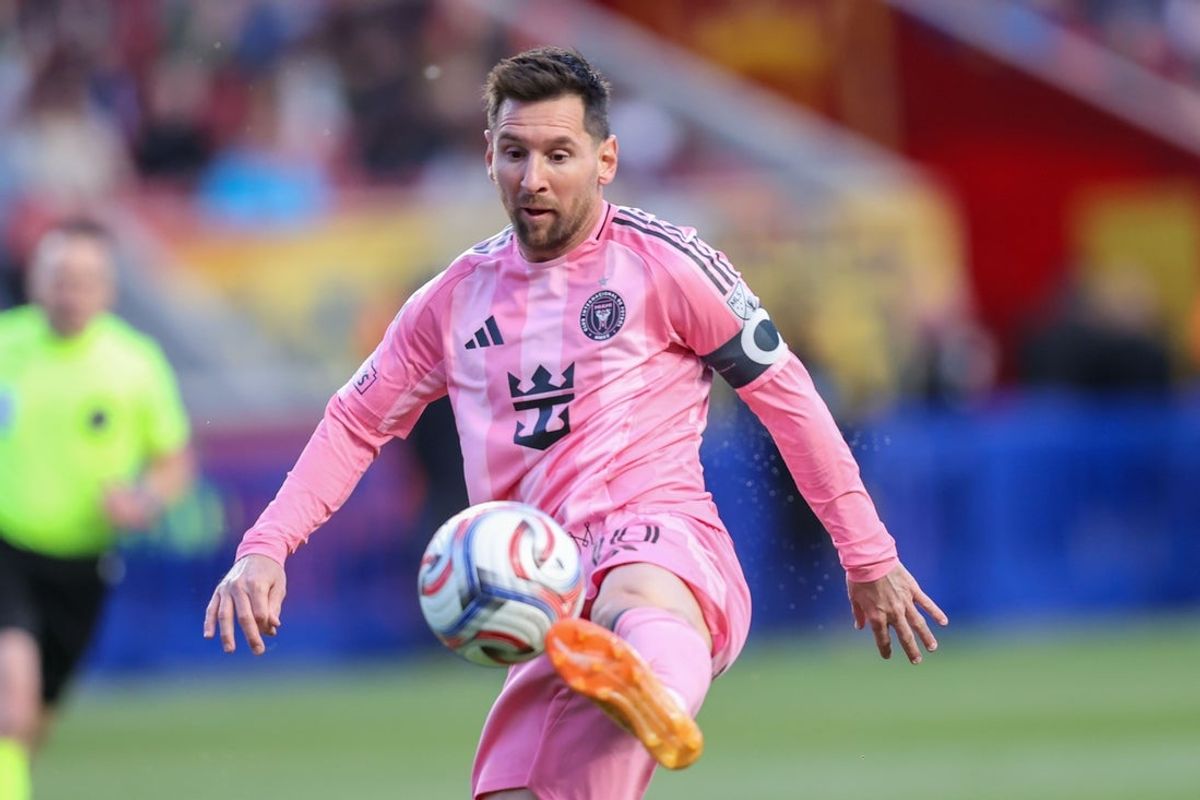 Apr 22, 2026; Sandy, Utah, USA; Inter Miami CF midfielder Lionel Messi (10) plays the ball against Real Salt Lake during the first half at America First Field. Mandatory Credit: Rob Gray-Imagn Images