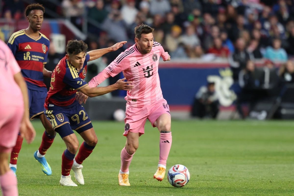 Apr 22, 2026; Sandy, Utah, USA; Inter Miami CF midfielder Lionel Messi (10) plays the ball against Real Salt Lake midfielder Noel Caliskan (92) during the first half at America First Field. Mandatory Credit: Rob Gray-Imagn Images