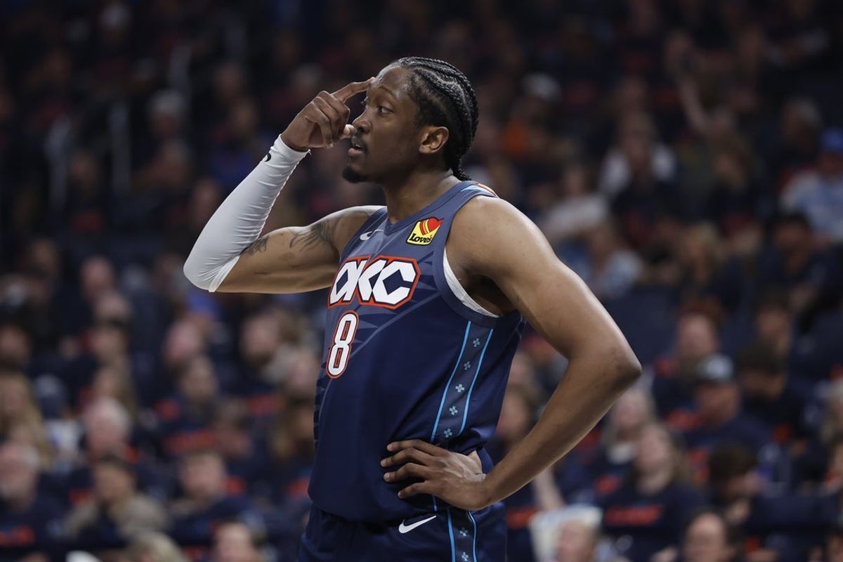 Apr 22, 2026; Oklahoma City, Oklahoma, USA; Oklahoma City Thunder guard Jalen Williams (8) gestures to his team before a play against the Phoenix Suns in the first half during game two of the first round of the 2026 NBA Playoffs at Paycom Center. Mandatory Credit: Alonzo Adams-Imagn Images