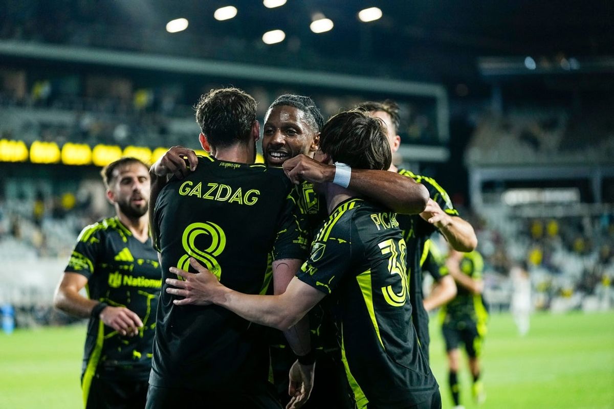 Columbus Crew forward Daniel Gazdag (8) celebrates a goal with teammates during the weather-delayed MLS match against the LA Galaxy at ScottsMiracle-Gro Field in Columbus on April 22, 2026.