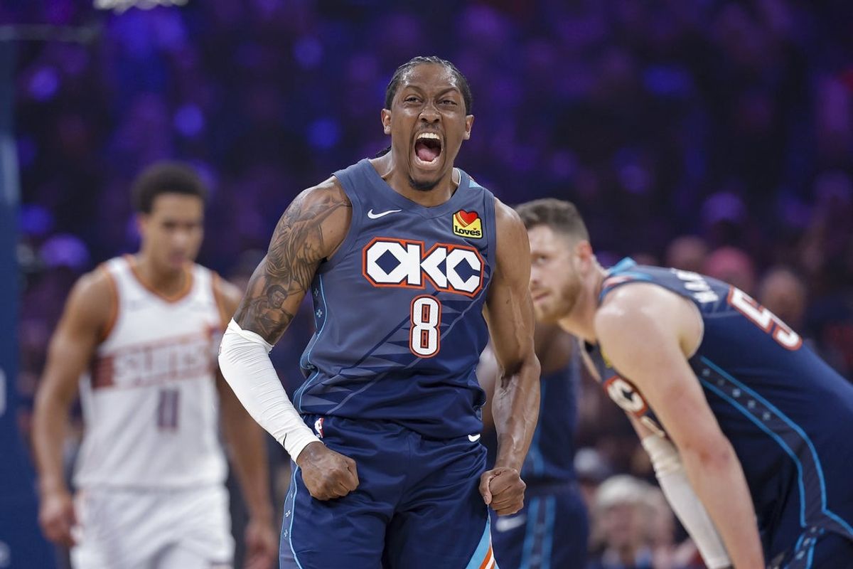 Apr 22, 2026; Oklahoma City, Oklahoma, USA; Oklahoma City Thunder guard Jalen Williams (8) screams after dunking against the Phoenix Suns in the first half during game two of the first round of the 2026 NBA Playoffs at Paycom Center. Mandatory Credit: Alonzo Adams-Imagn Images