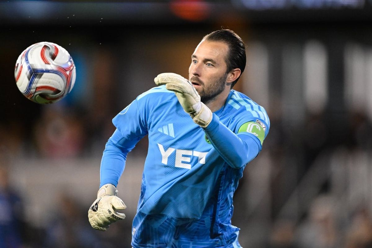 Apr 22, 2026; San Jose, California, USA; Austin FC goalkeeper Brad Stuver (1) makes a save against the San Jose Earthquakes in the first half at PayPal Park. Mandatory Credit: Eakin Howard-Imagn Images