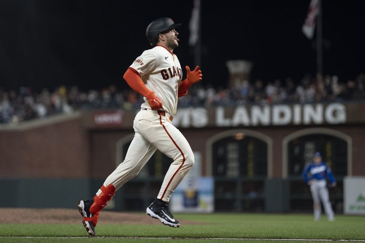 Apr 22, 2026; San Francisco, California, USA; San Francisco Giants catcher Patrick Bailey (14) reacts after hitting a three run home run during the seventh inning against the Los Angeles Dodgers at Oracle Park. Mandatory Credit: Stan Szeto-Imagn Images