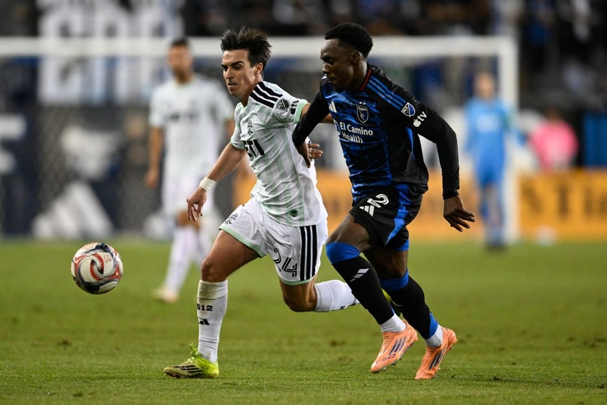 Apr 22, 2026; San Jose, California, USA; San Jose Earthquakes defender Jamar Ricketts (2) and Austin FC midfielder Jorge Alastuey (24) battle for the ball in the second half at PayPal Park. Mandatory Credit: Eakin Howard-Imagn Images