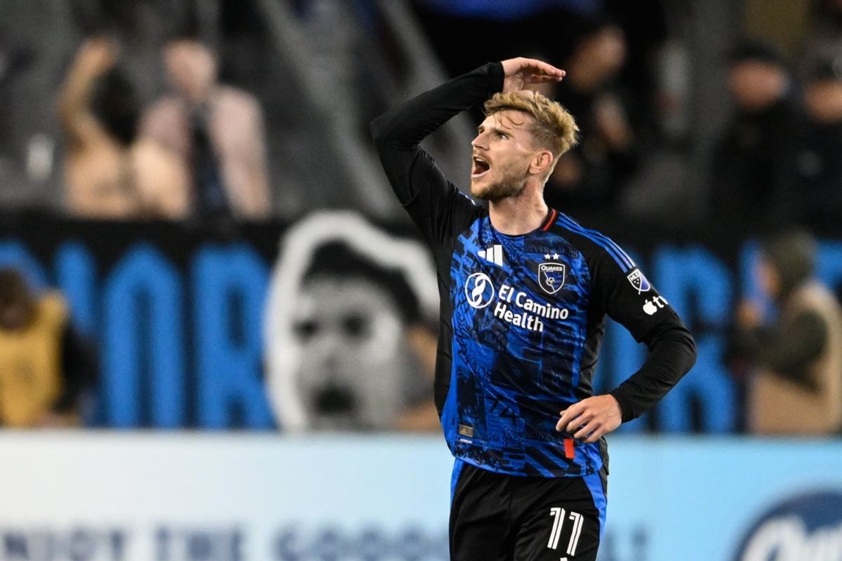 Apr 22, 2026; San Jose, California, USA; San Jose Earthquakes forward Timo Werner (11) celebrates scoring the team's second goal against Austin FC in the second half at PayPal Park. Mandatory Credit: Eakin Howard-Imagn Images