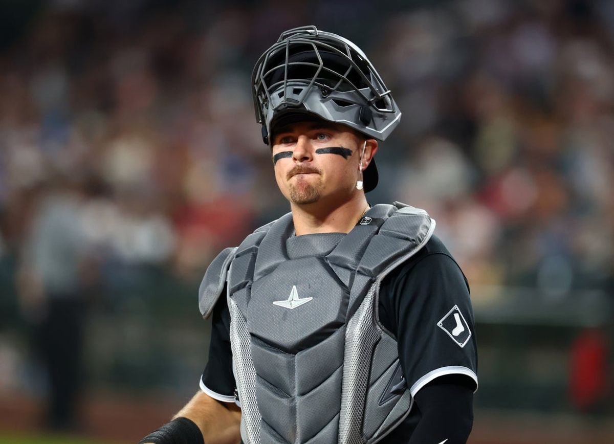 Apr 21, 2026; Phoenix, Arizona, USA; Chicago White Sox catcher Reese McGuire against the Arizona Diamondbacks at Chase Field. Mandatory Credit: Mark J. Rebilas-Imagn Images