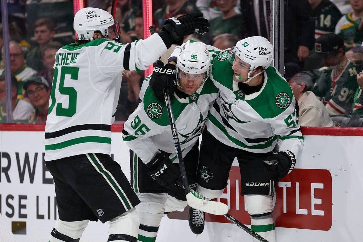 Apr 22, 2026; Saint Paul, Minnesota, USA; Dallas Stars center Wyatt Johnston (53) celebrates his game winning goal during the second overtime period in game three of the first round of the 2026 Stanley Cup Playoffs against the Minnesota Wild at Grand Casino Arena. Mandatory Credit: Matt Krohn-Imagn Images